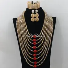 Latest Design Gold Red African Wedding Bridal Jewelry Set Crytal Beads Braided Fashion Women Jewelry Set Free Shipping AIJ149