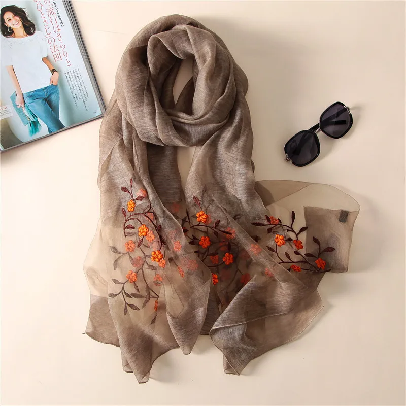 Натуральный шелк смесь шерсти весенний шарф для женщин платок вышитые китайский стиль мягкий яркий роскошный бренд дизайн 063