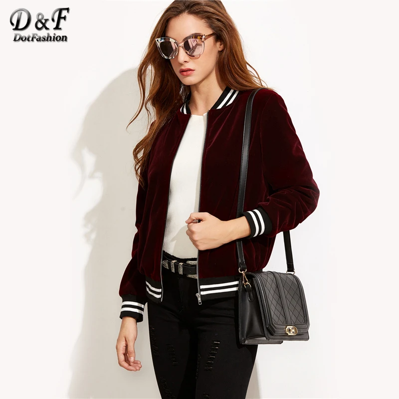 low cost  Dotfashion Varsity Striped Velvet Bomber Jacket 2019 Burgundy Stand Collar Coat Ladies Autumn Long 