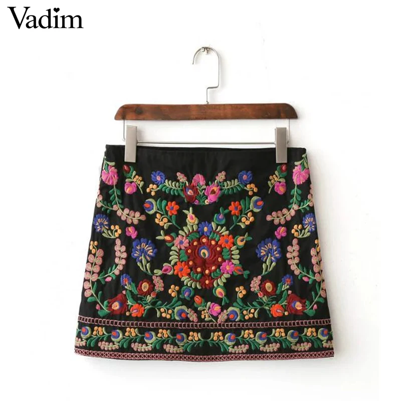 Women vintage Boho flower embroidery skirts retro falda ladies Ethnic ...