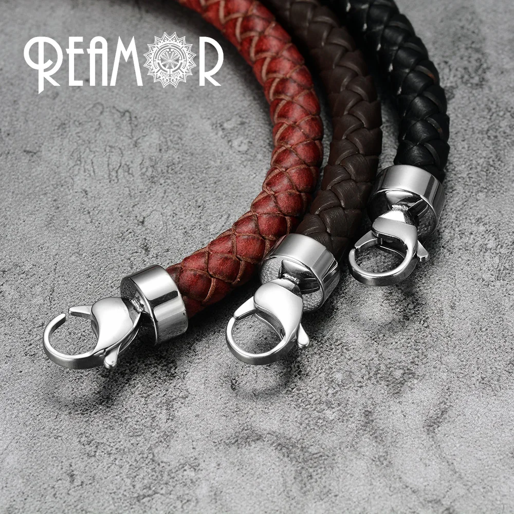 REAMOR Men Genuine Leather Braided Bracelet Bangles 316l Stainless Steel Lucky Horseshoe Lobster Clasp Bracelet Fashion Jewelry