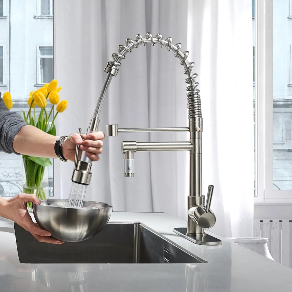 Nickel Brushed Spring Kitchen Faucet Pull out Sprayer Dual Spout Single Handle Mixer Tap Sink Faucet 360 Rotation Kitchen Faucet hpb multi function pull out lifting bathroom faucet brass bathroom sink mixer dual pattern spout 360 rotation design hp3048