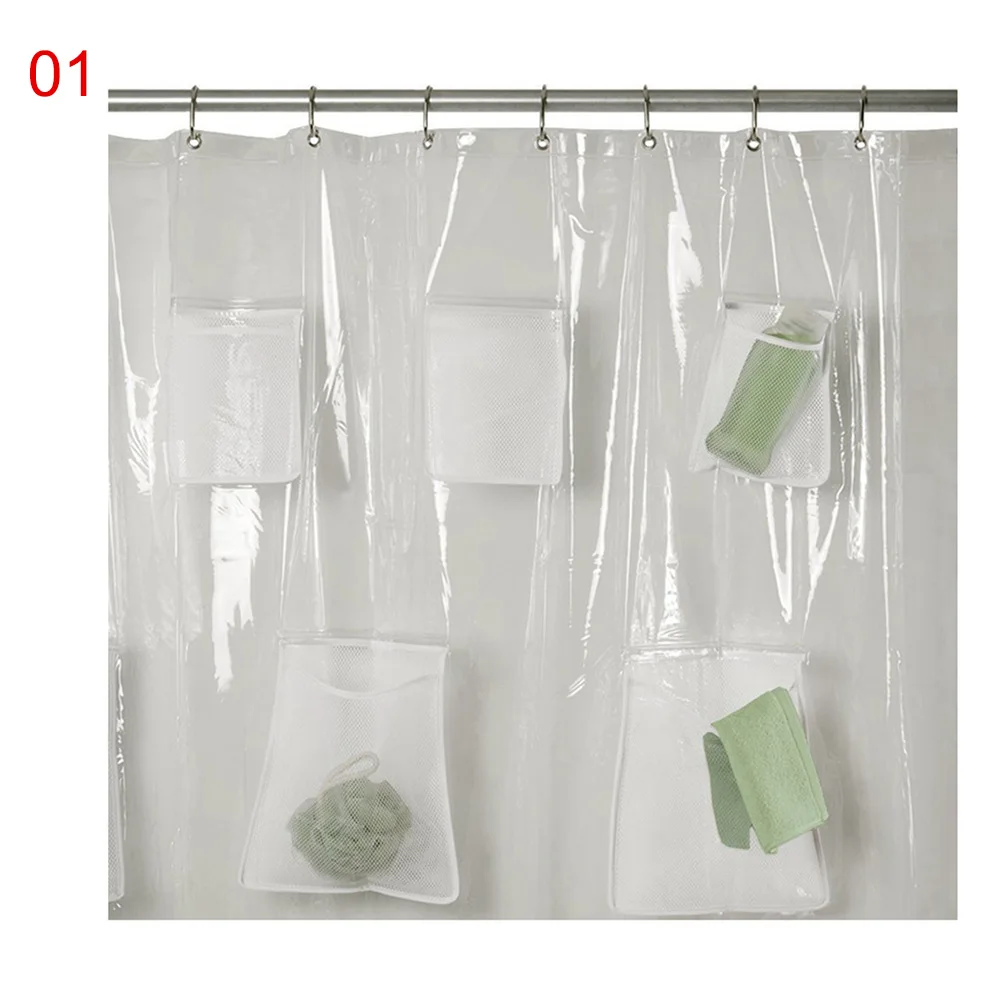 Clear Shower Curtain PVC Translucent With Pockets Waterproof Bathroom