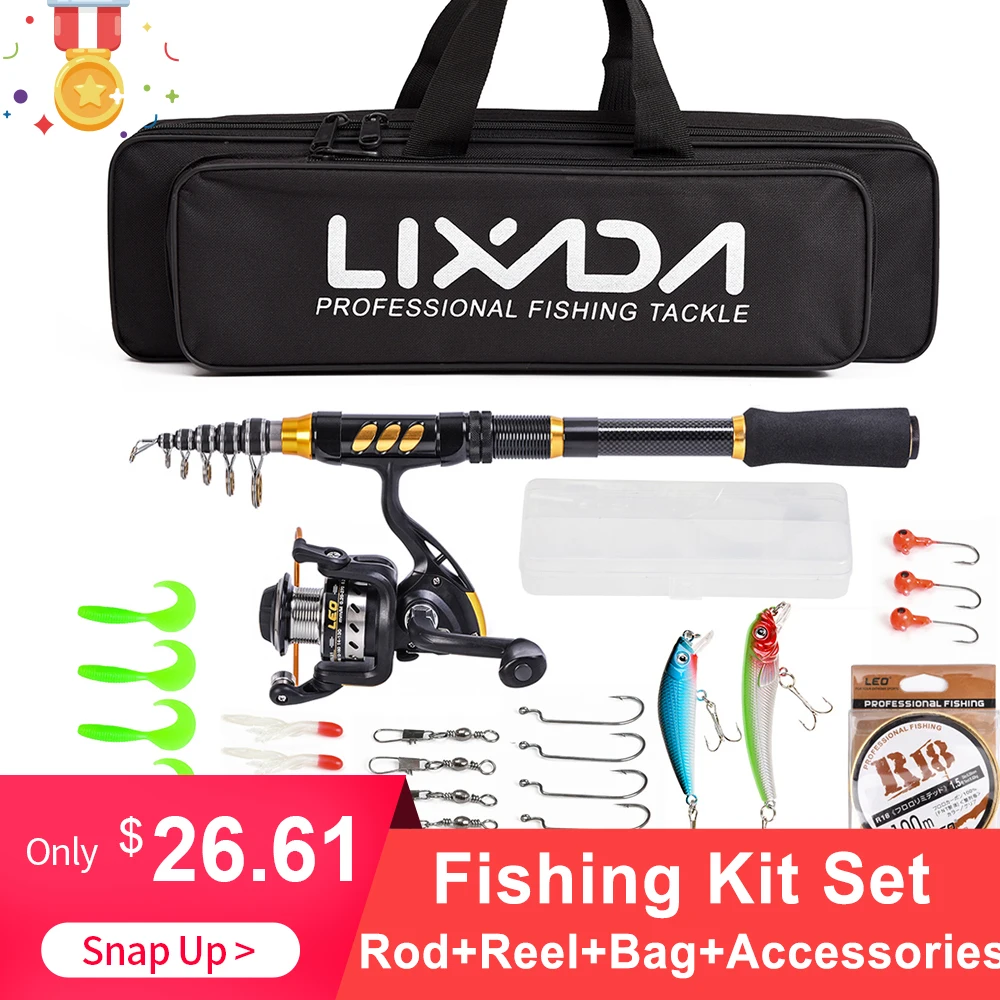 Lixada تلسكوبي الصيد رود بكرة كومبو يشبع عدة الغزل الصيد بكرة والعتاد خيط صنارة الصيد إغراء خطاف حقيبة الكارب الصيد