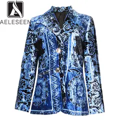 AELESEEN 2019 осенние высококачественные винтажные куртки женские европейские синие с принтом однобортные офисные женские Топы Куртка