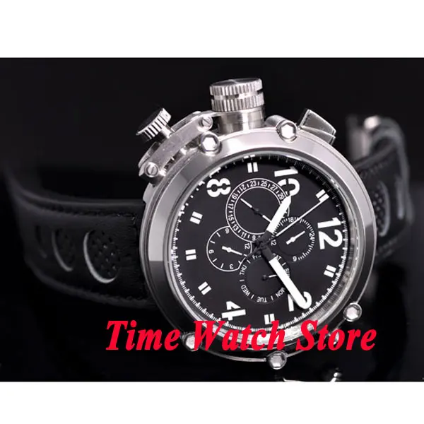 Parnis 50mm black dial date week display multifunction left crown Automatic movement men's watch P17