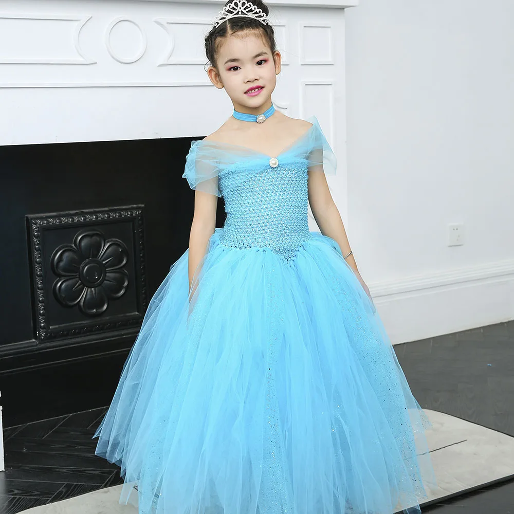 

Sparkle Tulle Tutu Princess Cinderella Blue Dress Elegant Sleeveless Froze Elsa Cosplay Birthday Dress Vestido Baby Kids Clothes