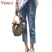 Большой Размеры джинсы с прорехами Womwn свободные Демисезонный новые ботильоны-Длина штаны со средней талией тонкие прямые повседневные штаны X79