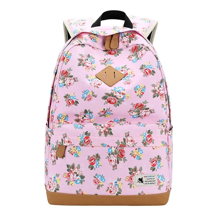 OKKID girls pink rose flower canvas backpack kids school bag girl ...