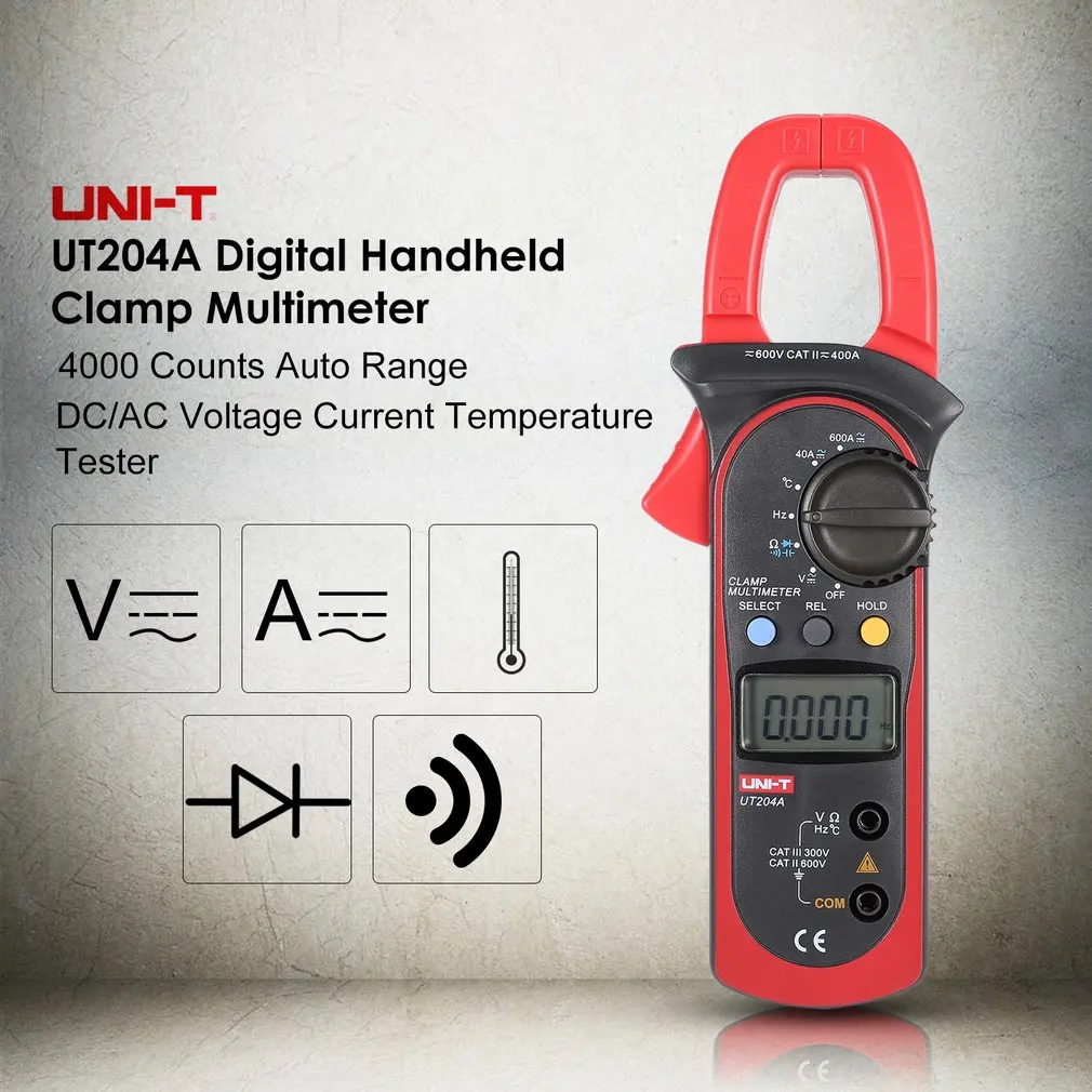 UT204A 4000 Counts Auto Range Digital Handheld Clamp Multimeter Volmeter with Auto Range DC/AC Voltage Current Temperature UT204A 4000 Counts Auto Range Digital Handheld Clamp Multimeter Volmeter with Auto Range DC/AC Voltage Current Temperature