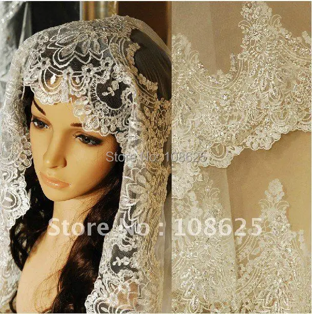 Wholesale wedding bridal Veil alencon lace with sequins BV023in Bridal