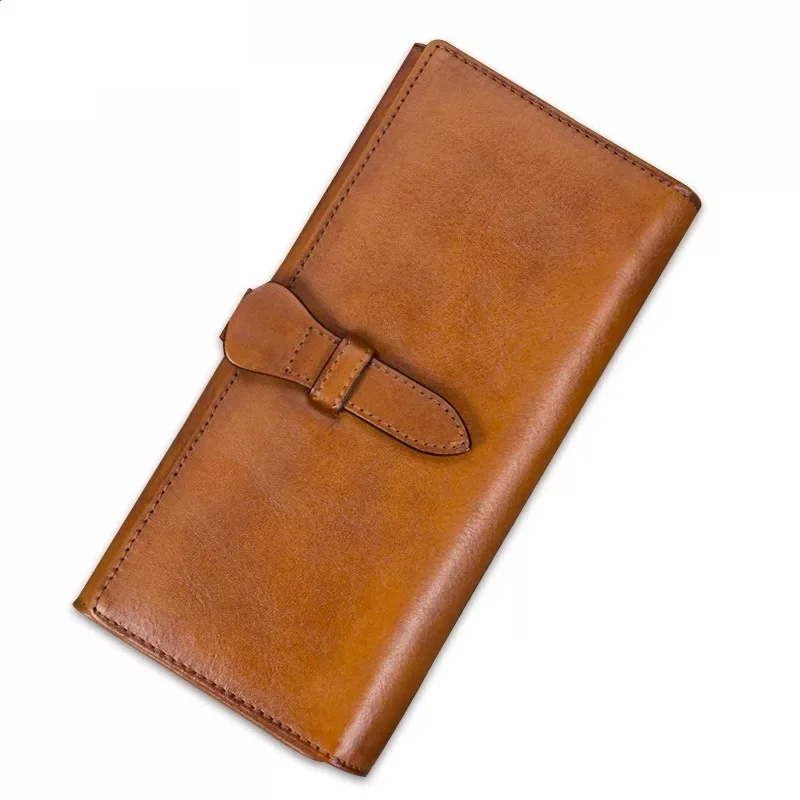 

Vintage Hand Painted Genuine Vegetable Tanned Leather Women's Long Clutch Wallet Natural Cow Skin Female Purse Lady Card Holders