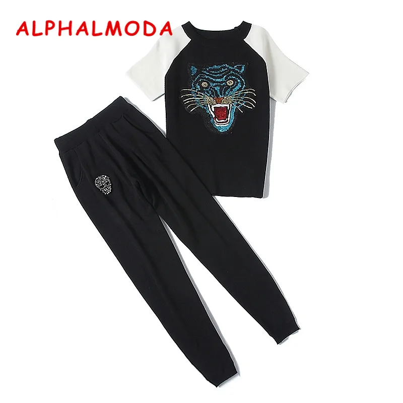 ALPHALMODA, летний женский свитер с коротким рукавом с блестками и изображением тигра+ штаны с брошью из кристаллов, 2 шт., модные костюмы, 3 цвета - Цвет: Черный