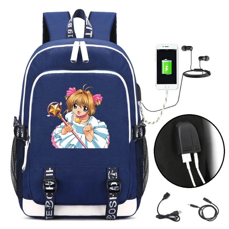 001 Карта аниме captor Sakura рюкзак для ноутбука школьный рюкзак, сумка для книг USB интерфейс зарядки для женщин девочек плечо дорожная сумка для отдыха сумка - Цвет: 001