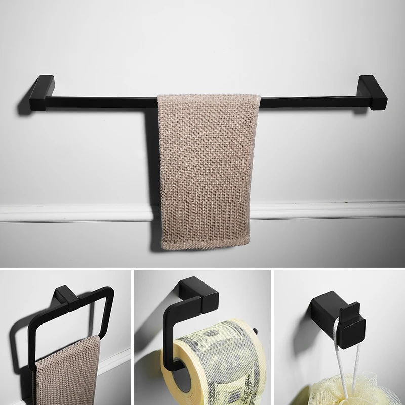 

Black Nordic Simple Bathroom Solid Robe Hook Roll Holder Single Towel Bar Towel Rack Towel Ring Bathroom Hardware Pendant Set