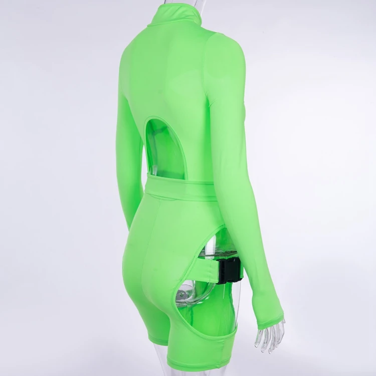 STYLISH LADY Neon Green Cut Out Playsuits Summer Women Long Sleeve Turtleneck Bandage Bodycon Club Rompers and Jumpsuits