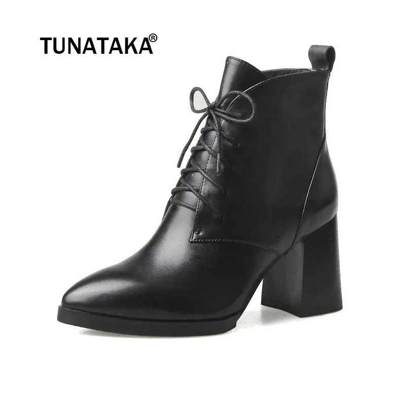 

Genuine Leather Square High Heel Lace Up Woman Martin Boots Fashion Pointed Toe Ladies Ankle Boots Black