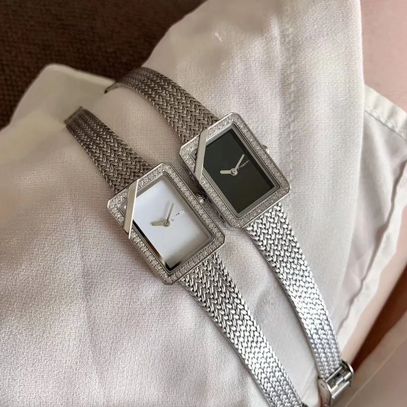 

Luxury top Weaved steel watchband zircon Stone crsytal Quartz Wristwatch designer Rectangular Dial women watch