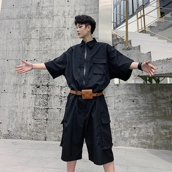 

Men Short Sleeve Oversize Loose Casual Jumpsuit Belt Included Cargo Pant Male Women Streetwear Hip Hop Overalls Harem Pant