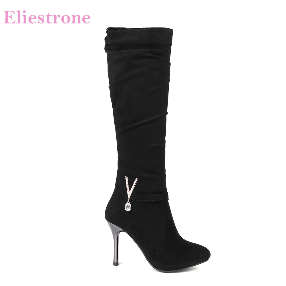 

Brand New Winter Comfortable Flock Beige Black Knee High Women Riding Boots Thin High Heels Lady Shoes SH85 Plus Big Size 10 43