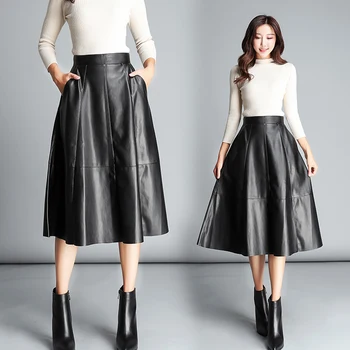 Autumn and winter new Korean fashion long black skirt female high waist was thin pleated skirt PU leather skirt girls pleated skirt 2018 new autumn and winter new children s big children s pleated half length skirt