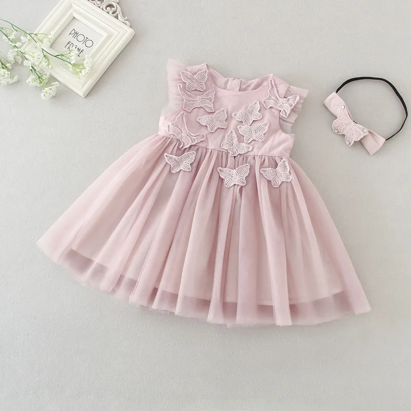 Платье для малышей+ повязка на голову, розовая одежда на день рождения для девочек, одежда для маленьких девочек, Новое милое крестильное платье для младенцев - Цвет: sleeveless