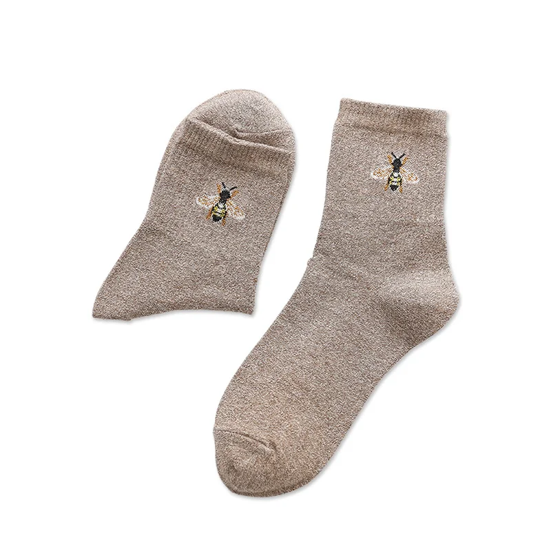 Bee Embroidery Women Socks Cotton Female Fashion Solid Color Harajuku Cute Funny Socks Warm Winter Short Socks