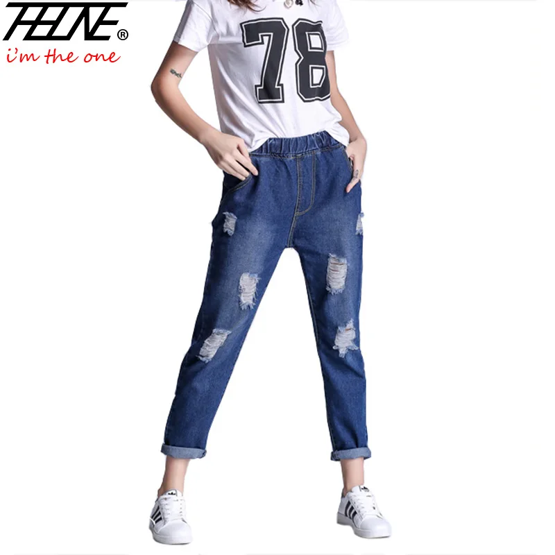 

Brand Jeans Women Denim Pants Casual Trousers Elastic Waist Plus Size 5XL Torn Loost Fit Holes High Waist Ripped Jeans Female
