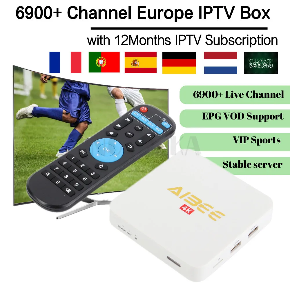 

Aibee Android TV Box with 1 Year IPTV code Smart IPTV Arabic French Subscription Dutch Europe Arab France UK 7000+ Live VOD