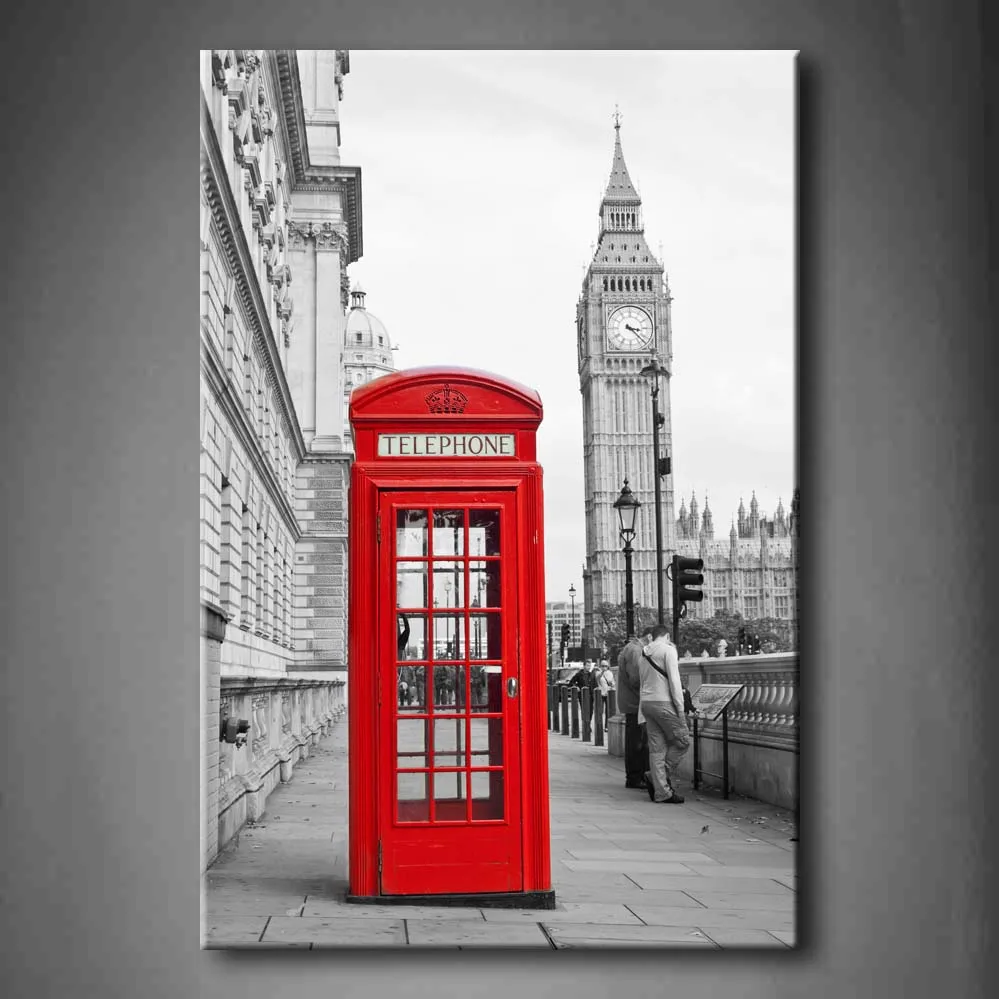 

Framed Wall Art Picture Telephone Booth Big Ben London Canvas Print City Modern Poster With Wooden Frame For Living Room