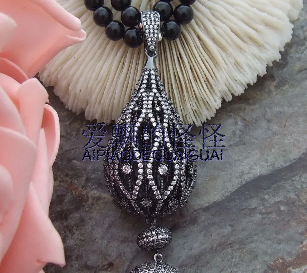 

2 Strands Round Onyx Long Necklace CZ Pendant