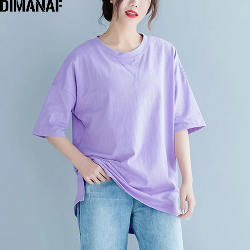 

DIMANAF Plus Size Women T-Shirts Basic Lady Tops Tees Cotton Female Clothes Loose Solid Tunic Shirts Casual O-Neck 2019 Summer