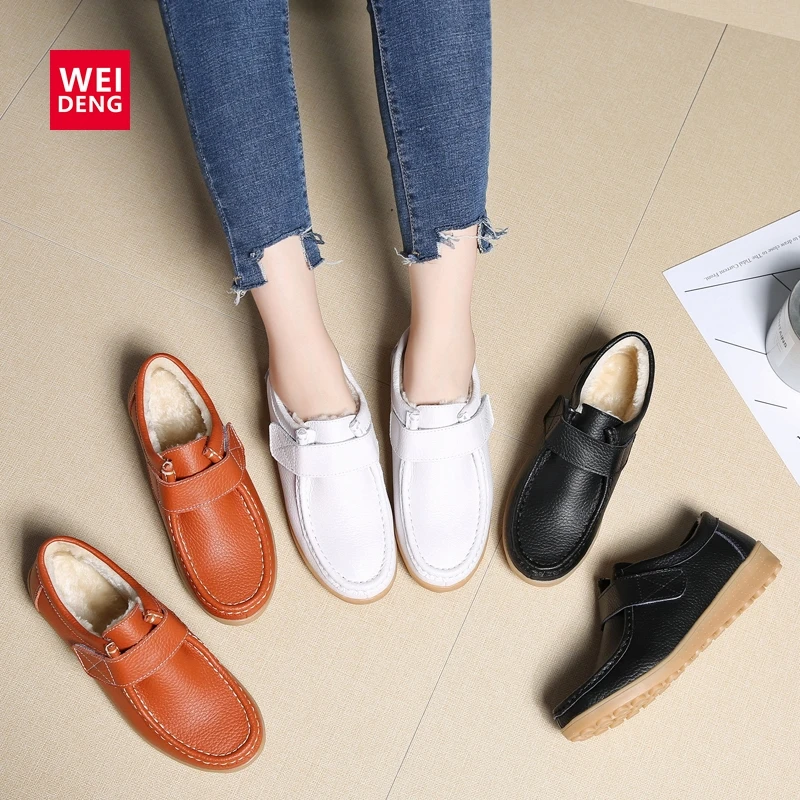 

WeiDeng Genuine Leather Fur Moccasin Ankle Snow Loafers Women Shoe Leisure Warm Casual Comfort Slip On Winter