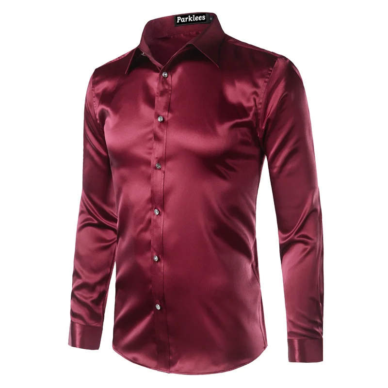 Новый золотой шелковый атлас рубашка Для мужчин Chemise Homme Мода 2017 г. Для мужчин s Slim Fit с длинным рукавом эмуляции шелк кнопка вниз платье