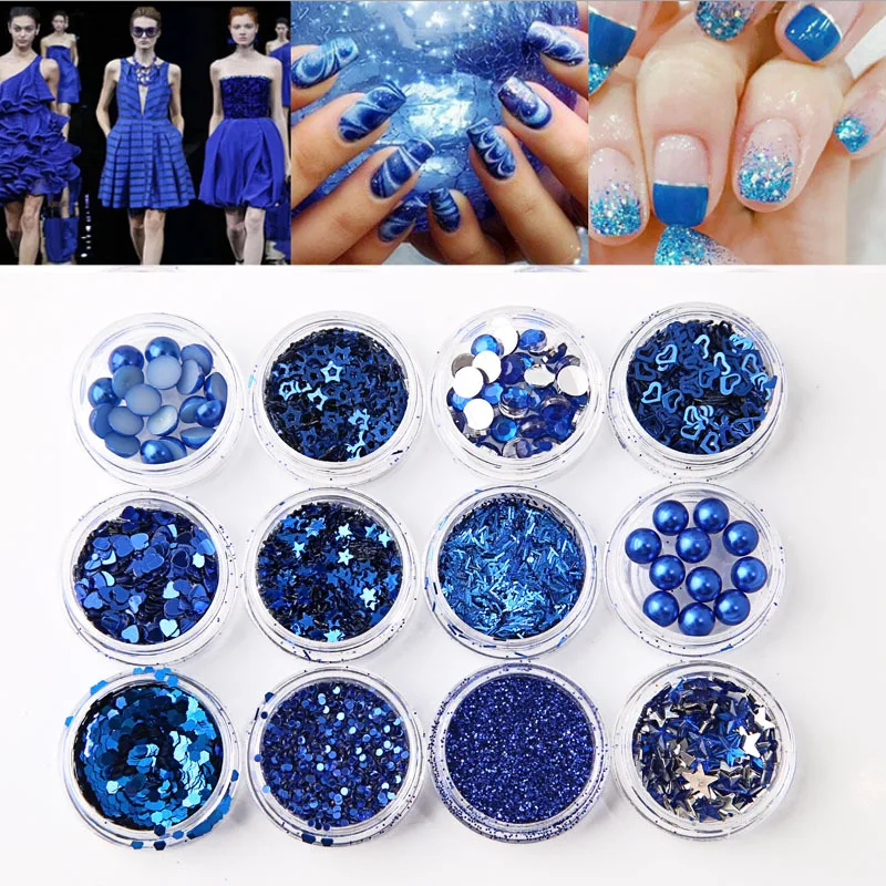 

12 Pcs Sapphire Series Mix Snowflake Heart Star Nail Sequins Shining Nail Glitter Powder Rhinestone Tips Nail Art Decoration
