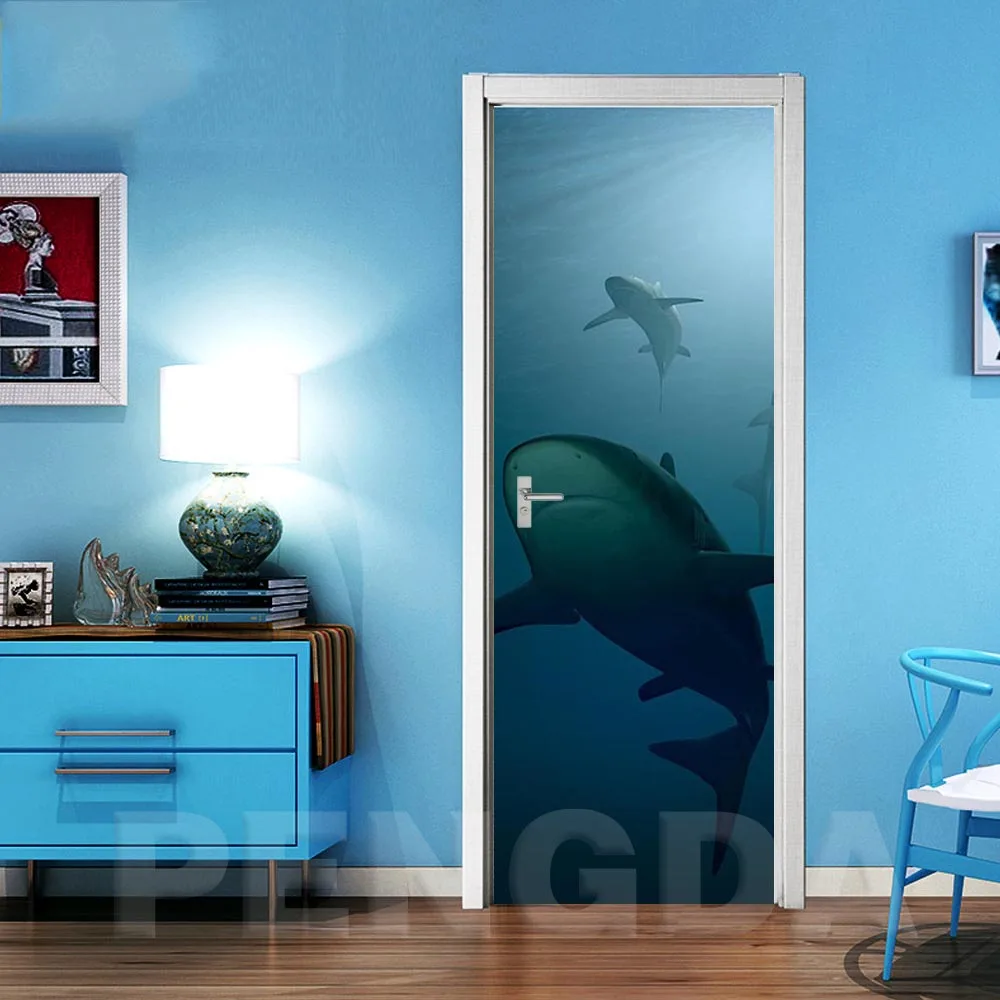 Door 3d Stickers Print Art DIY Renovation Polar Bear Dolphin Mural Waterproof Picture Self Adhesive New Home Decor For Bedroom