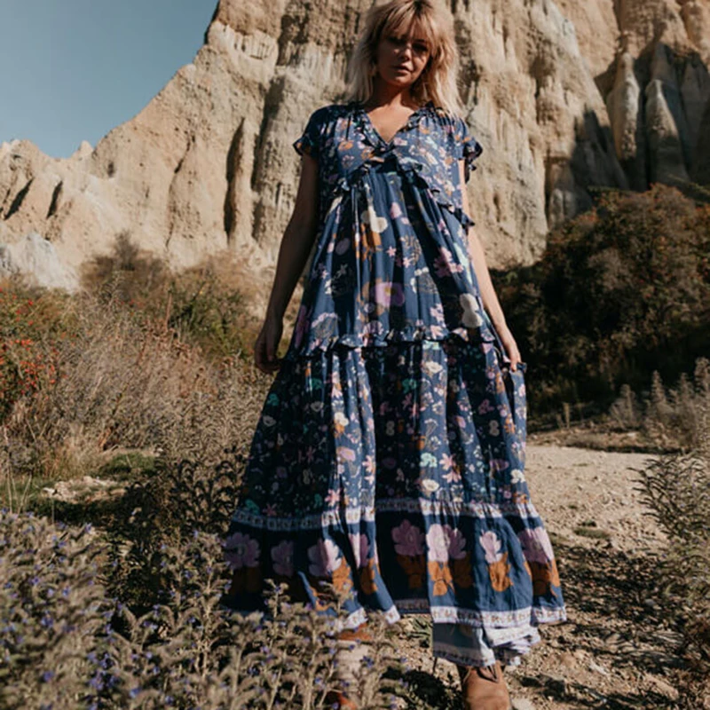 

KHALEE YOSE Wild Floral Gown Maxi Dress Navy Summer Holiday Long Dress Ruffles Trim V-neck Bohemian Gypsy Hippie Women Dresses