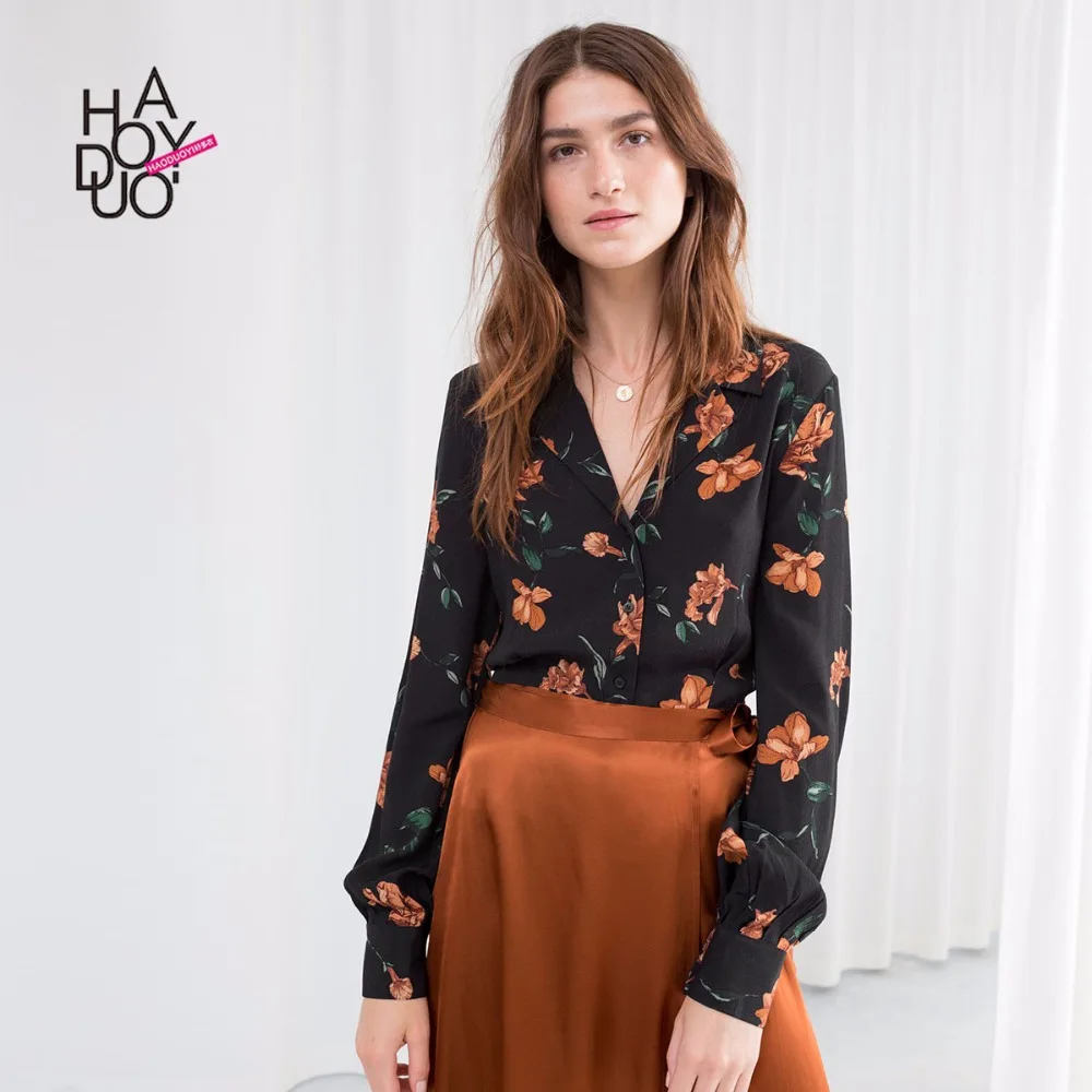 

HDY Haoduoyi Women RomanticTurn-Down Collar Shirt Pleated Cuff Single-Breasted Long-Sleeves Shirts Print Vintage Tops Wholesale