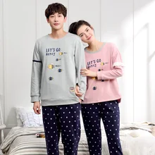 Новинка; сезон осень-зима; повседневные пижамы для пары; Хлопковая пижама с длинными рукавами и круглым вырезом; теплый Пижамный костюм с рисунком для пары