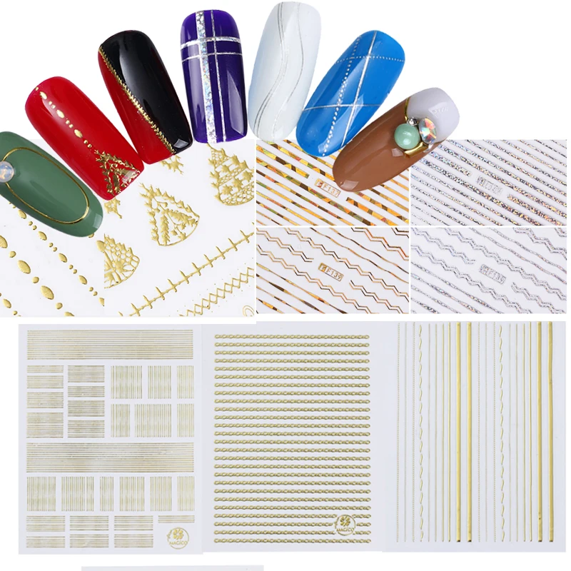 

3D Nail Sticker Multi-size Strip Wave Lines Serration Holographic Adhesive Transfer Sticker Nail Art Decoration Gold Silver