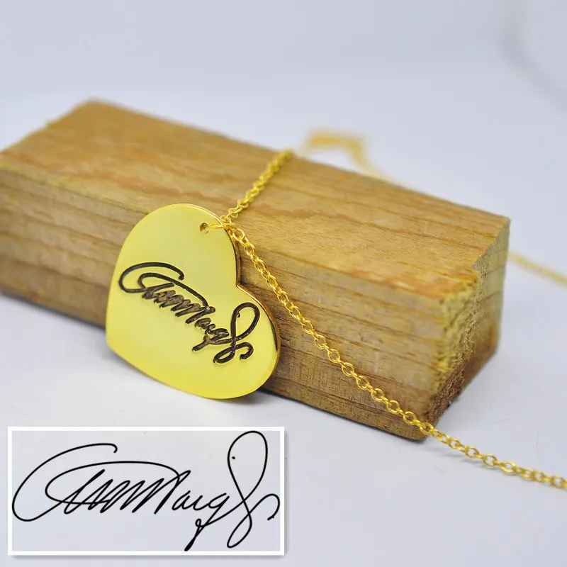 Gold Hand Write Name Necklace Heart Pendant Engraved Handwriting