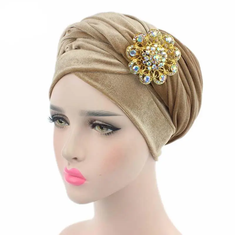 170*26 см женский роскошный плиссированный вельветовый тюрбан, длинный шарф, арабский хвост, шапка с ювелирной брошью, головной убор, модная шапка - Цвет: khaki