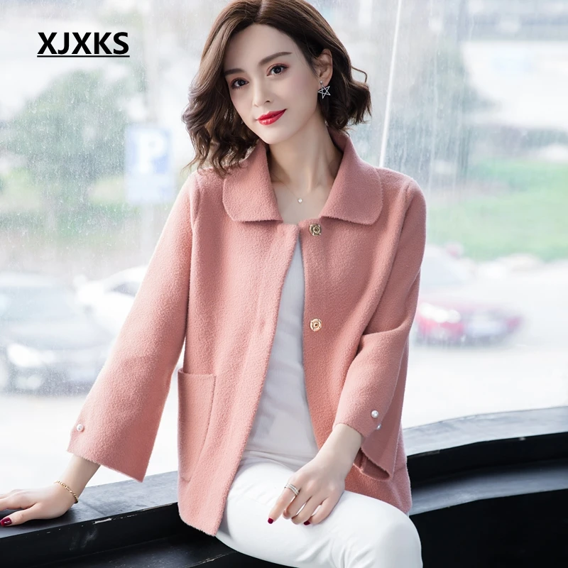

XJXKS Winter 2019 Cardigan Women Elegant Cashmere Lapel Coat Women Pockets Long Sleeve Furry Sweater Women Sweater Coats