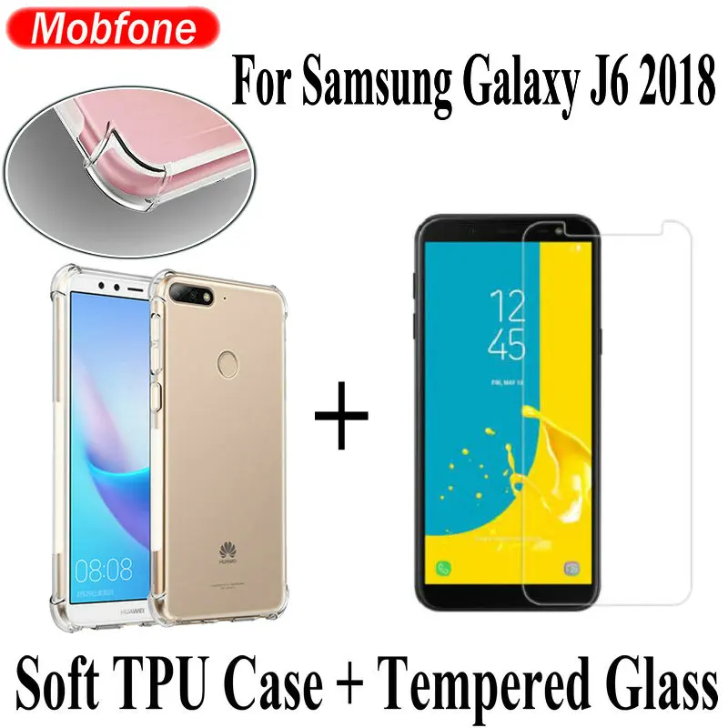

9H Flat Tempered Glass Screen Protector For Samsung Galaxy J6 J600F Shockproof Air Bag TPU Case For Samsung J6 Soft Back Cover