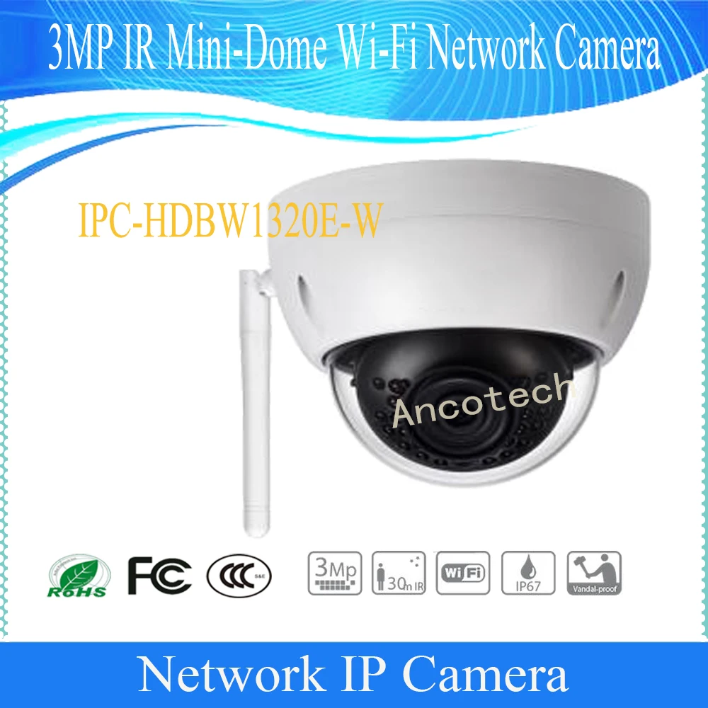 

Free Shipping DAHUA IP Camera 3MP WIFI Network Vandalproof IR Mini Dome Camera IP67 IK10 without Logo IPC-HDBW1320E-W