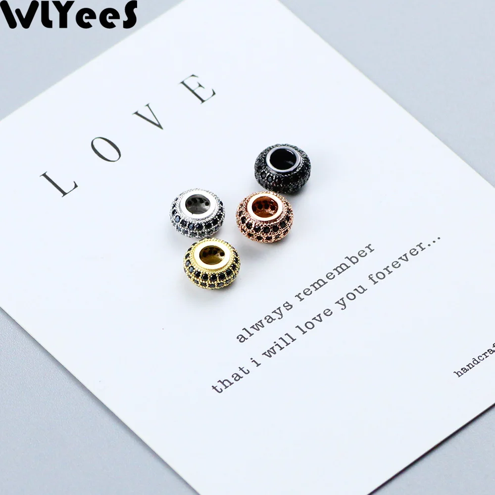

WLYeeS 2pcs Coin Pendant Charm Copper beads 8mm flat Round Black zircon metal Spacer Loose beads for Jewelry making bracelet DIY