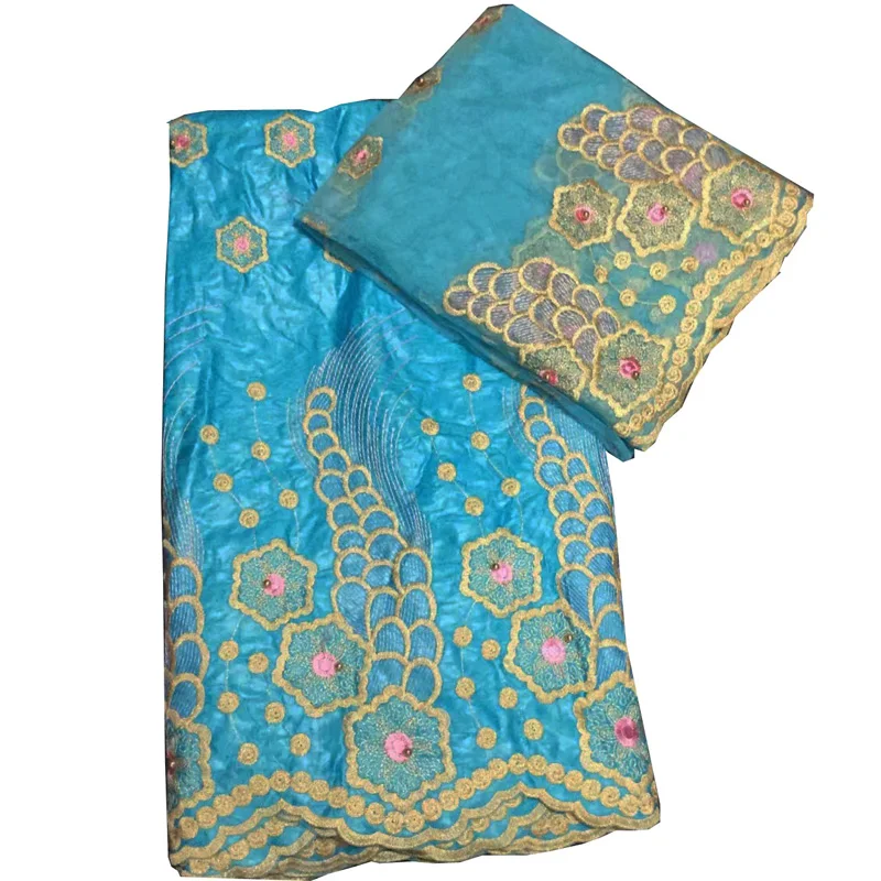 

(5+2 yards /set) beautiful skyblue African bazin lace fabric with elegant embroidery and beads plus scarf lace for dress BLS25