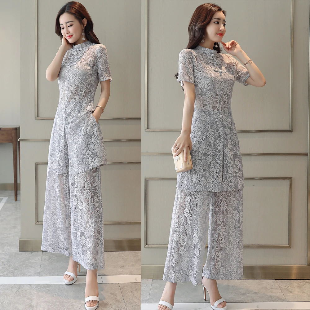 

Lace 2 piece set women crop top and pants suits Chinese vintage summer outfit runway loose long pants set gray casual clothing