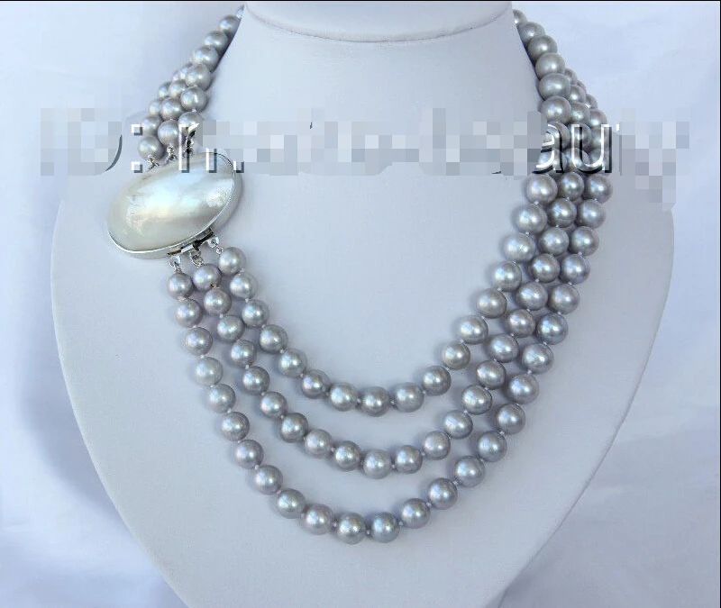 

shipping>>>> stunning 3rows10mm round gray freshwater cultured pearl necklace h1458