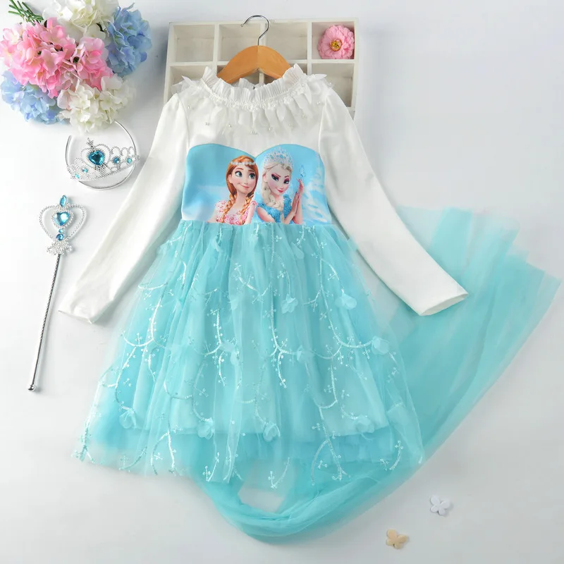 Детская одежда для девочек; платье принцессы с длинными рукавами; кружевное платье с рисунком для девочек; От 4 до 8 лет